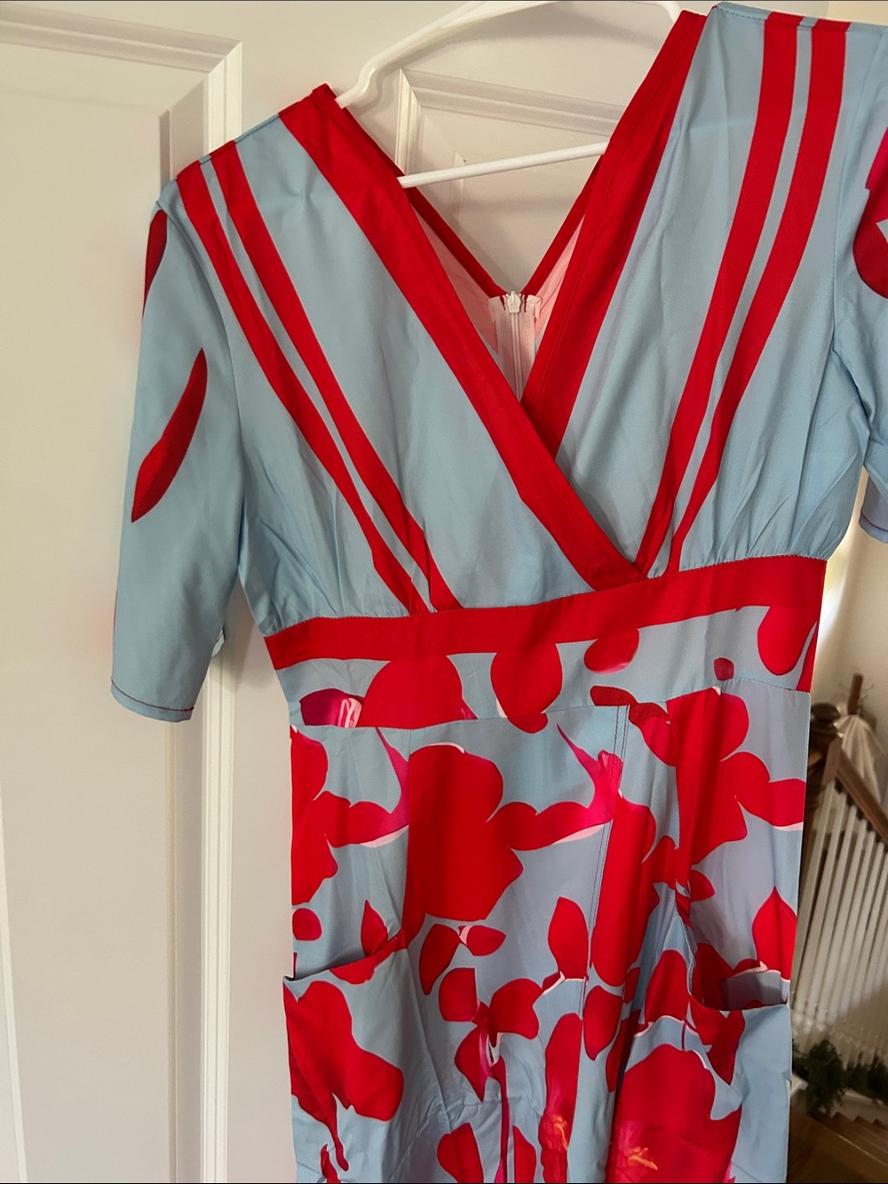 Grace & Lace Light Blue Maxi Dress with Red Floral Accents
